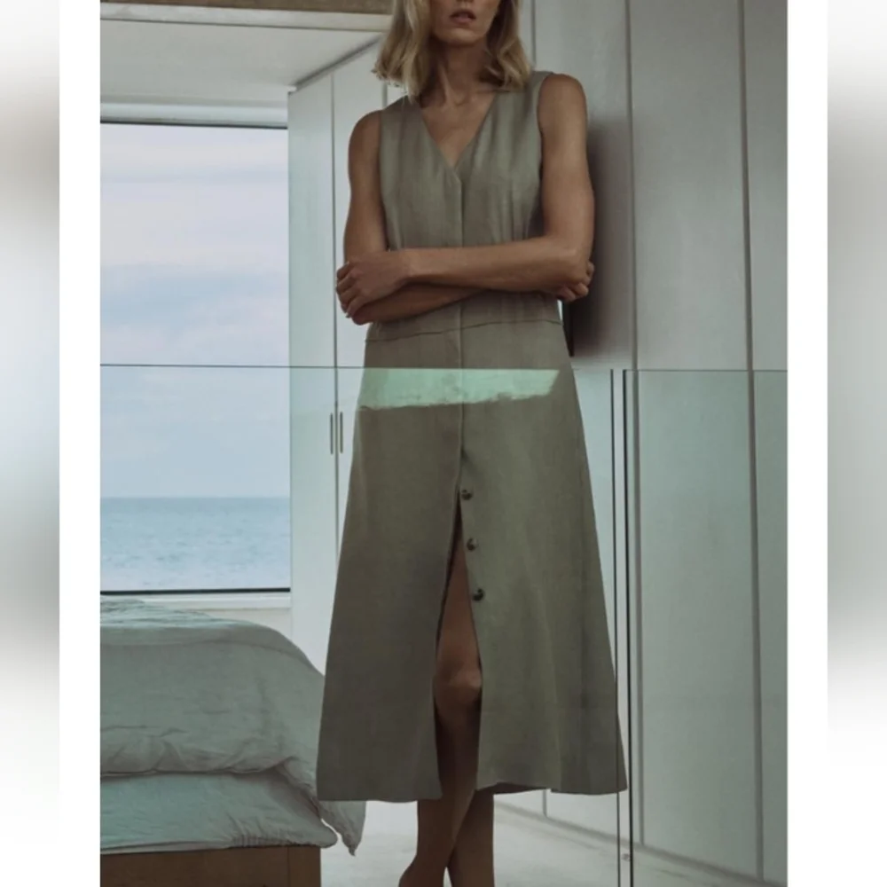 Zara ZW Collection Linen Sleeveless Elastic Waistline Midi Dress Sz-L_2